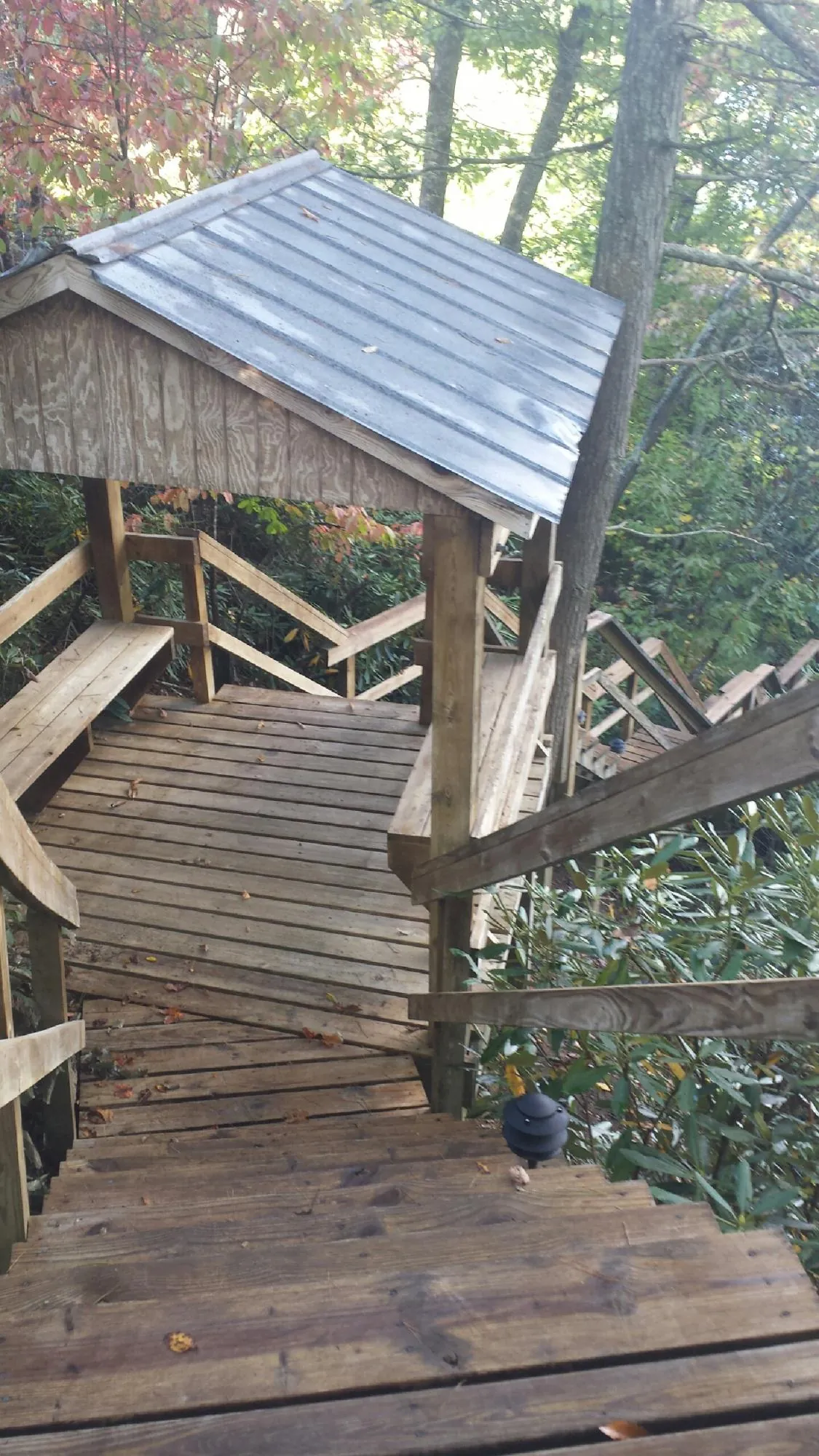 Metal roofed shelter over wooden steps on a wooded walkway — Skylight Repair & Installation work by our crew in Roan Mountain